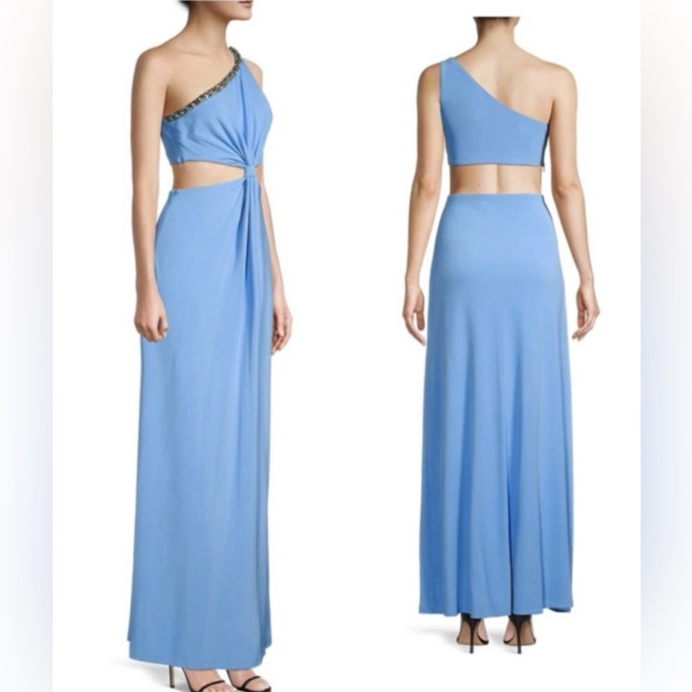 Ramy Brook Hailey One-Shoulder Gown NWT Size 8 Blue Beaded Cutout MSRP $785